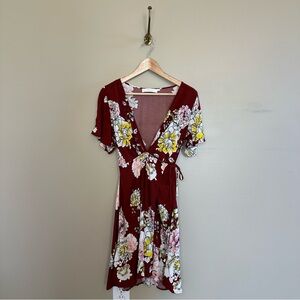 Floral Wrap Dress in a Wine Burgundy Color- M